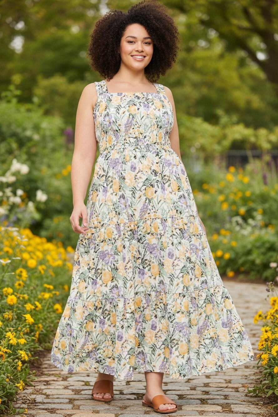 Lane Bryant Floral Print Smocked-Bodice Square-Neck Maxi Dress Size 14/16